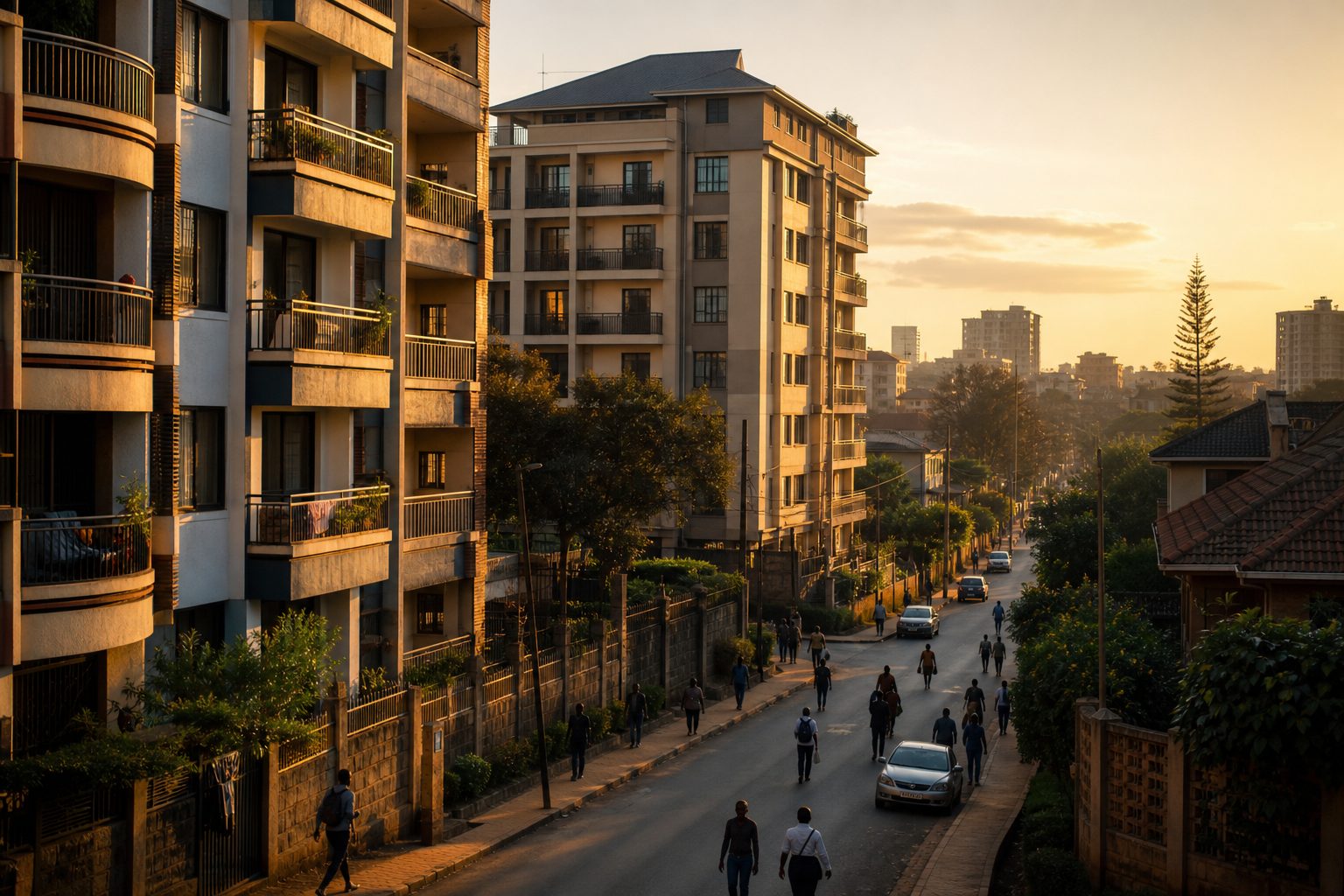 Kenyan housing community at golden hour
